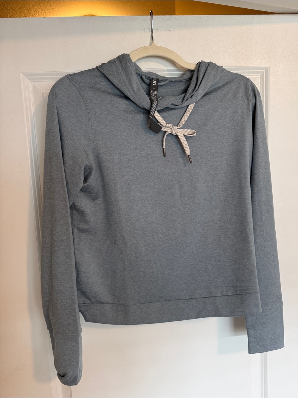 Lole Women's Hooded Cowl Sweater - Heather Gray with Cream Drawstring